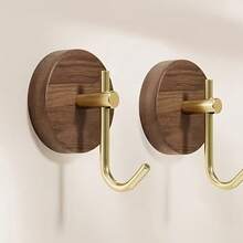 2pcs Luxury Fashion Wall Hooks, Walnut & Gold Color Hanging Hooks, Wall Mounted No Drilling Required Coat Hooks, Suitable For Entryway, Bedroom, Bathroom For Home Or Hotel - Upgraded Walnut Wood Hooks In Gold Color [Pack Of 2] - View 9