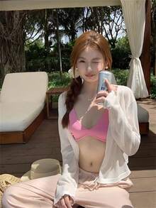 Vacation Style Sheer Lace Trim Cardigan, Casual Sweet Lace Trim Open Front White Semi-Sheer Tie Front Knit Cardigan/Lightweight Long Sleeve Outerwear - White - View 4