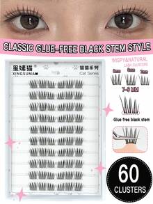 60pcs C-Curl Flare False Eyelashes, Korean Girl Group Style, 7-9mm, Invisible Transparent Band, Self-Adhesive, Press-On, Comfortable Fit, Built-In Eyeliner Effect, Reusable, Durable, Japanese Makeup Style, Thick & Natural, Lightweight & Fluttery, Gift For Women & Girls, Individual Lashes, Comfortable & Non-Irritating - 黑色 - 查看 13