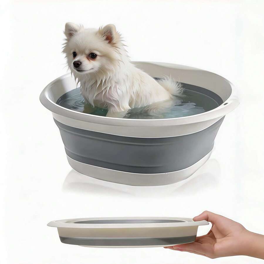 Foldable Pet Bathtub, Small Dog Washing Basin With Drainage, Universal Cat & Dog Bathing Tub, Multifunctional With Dirty Clothes Basket - Grey - View 1