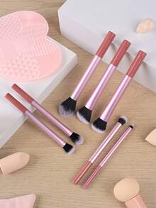 7pcs Makeup Brush Set, Nylon Bristles & Colorful Storage Box - All Light Beige Series, Complete Makeup Tool Set From Beginner To Professional, Ideal Gift For Women, Soft And Lightweight, Precise Application, Suitable For Blush, Eyebrows, Lips And Face Makeup - Pink - View 3