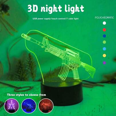 1个现代3D枪形夜灯，RGB七彩灯，触控操作，USB供电床头灯，睡眠伴侣，氛围装饰灯，游戏玩家收藏礼物，父亲节，感恩节，节日礼物送给家人和朋友，卧室柔和照明，派对装饰灯