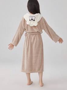 1pc Kids 5-12 Years Soft Coral Fleece Patchwork Bathrobe - Brown - View 5