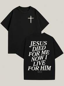 Women's Round Neck Fitted-Shirt 3. Retro Washed-Shirt Double Sided Printed (230 Cotton-Shirt) 'JESUS DIED ME NOW I LIVE HIM' Letter Print, Christian, Men's-Shirt, Men's Casual, Comfortable, Fashionable-Suitable Daily Wear, Vacation, Party - 黑色 - 查看 6