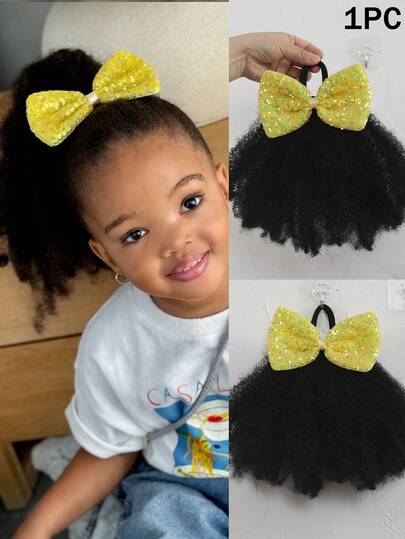 8 Inch 1pc Afro Curly Ponytails With Colorful Bow Clips - Handmade Curly Black Synthetic Hair Extensions, Clip-On Dreadlock Buns, Perfect For Birthday Party Looks, Everyday Wear, And Adding Volume