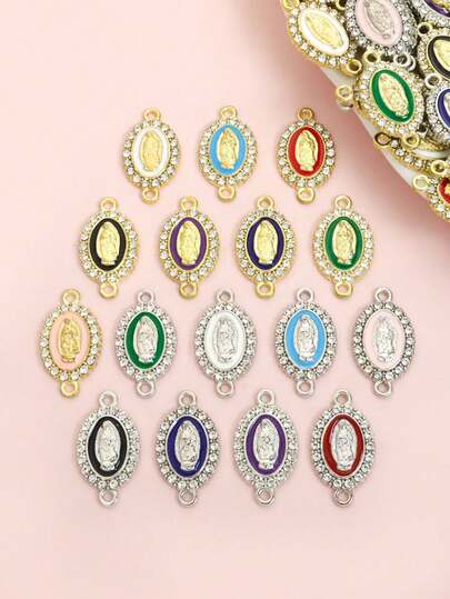 10pcs Delicate Oval Virgin Mary Design Alloy Connectors With Sparkling Rhinestones - Christianity Islam Faith And Prayer Jewelry, Religious Necklace Bracelet Keychain Clothing Decorations DIY Accessories