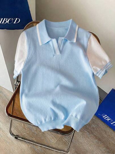 Toddler Boys' Cute Colorblock Polo Collar Short Sleeve Lightweight Knit Pullover Casual Top, Versatile For Spring, Summer, Early Autumn