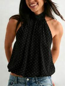 Fashionable Women's Sleeveless Halter Neck Polka Dot Blouse, Casual And Cute Woven Top For Everyday Wear - 黑色波點 - 查看 1