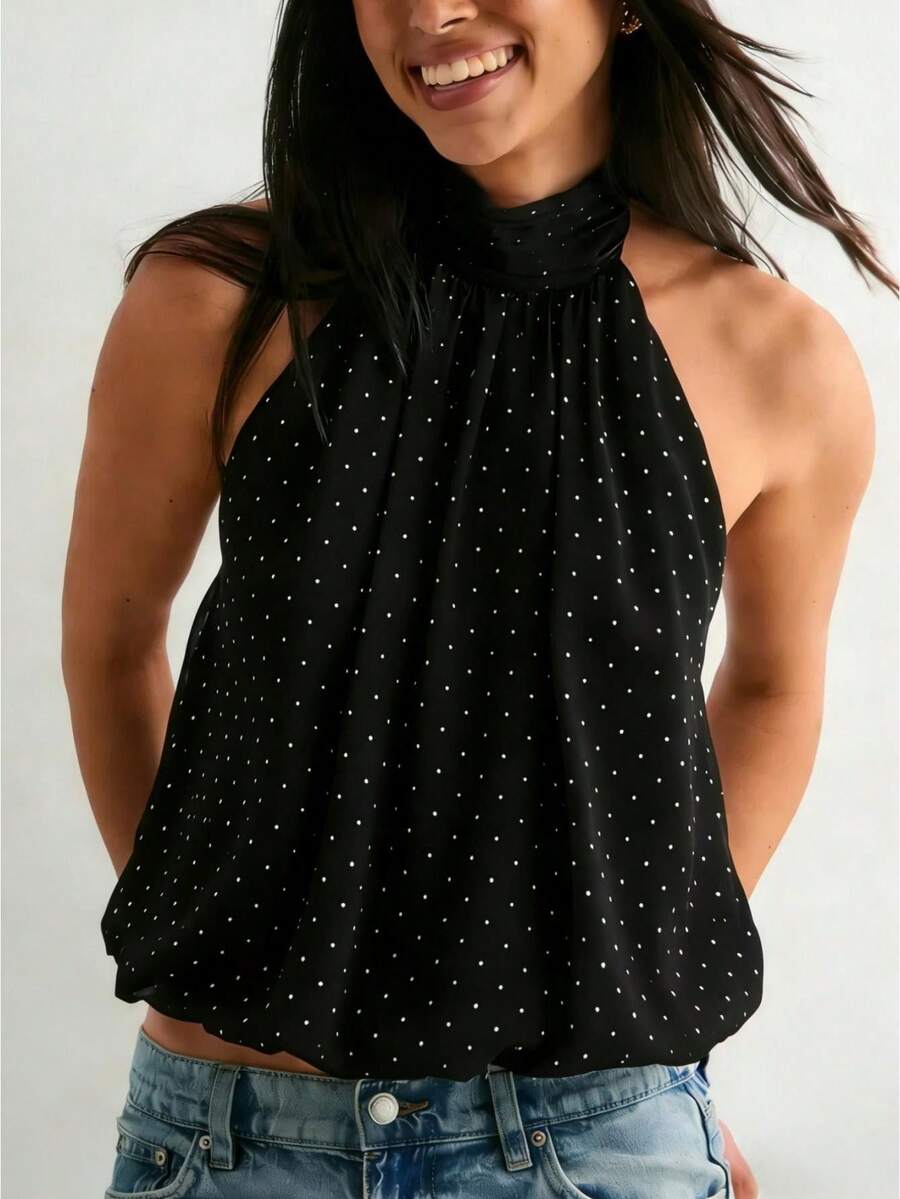 Fashionable Women's Sleeveless Halter Neck Polka Dot Blouse, Casual And Cute Woven Top For Everyday Wear - 黑色波點 - 查看 1