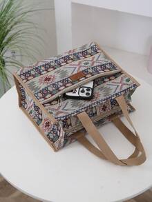 New Thick Knit Jacquard Fabric Handbag, Large Capacity Portable Lunch Box Storage Bag, Bento Bag, Lunch Bag, Suitable For Office Lunch, Outdoor Picnic, Lunch Box Storage, Aluminum Foil Insulation Layer Inside, Zipper Pocket In Front - Beige - View 6
