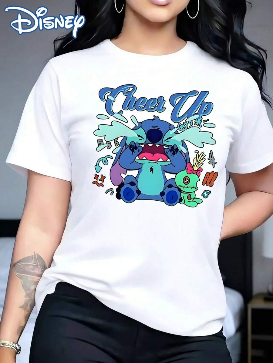 Disney Lilo & Stitch "Cheer Up" Crying Stitch T-Shirt: White Cotton Tee With Fun Healing Style Graphic, Perfect For Stitch Fans, Casual Wear And Gift - trắng - Xem 1