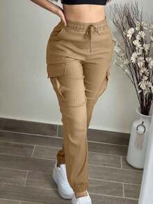 Women's Fashion Elegant Solid Color Casual Pocket Elastic Waist Drawstring Cargo Pants - 卡其色 - 查看 11