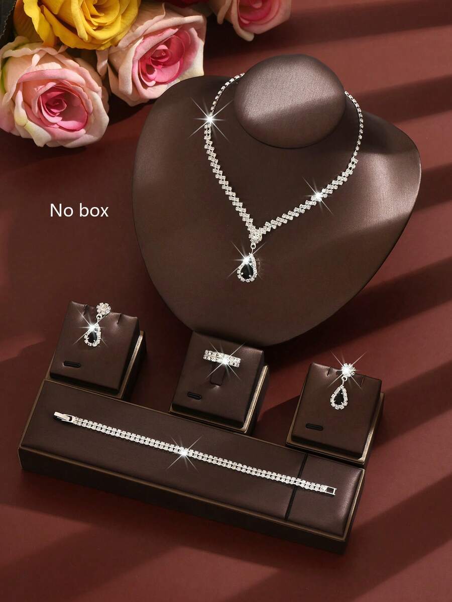 5pcs Flower Pendant Necklace, Earrings, Bracelet Jewelry Set, Suitable For Women's Evening Party - Green - View 1