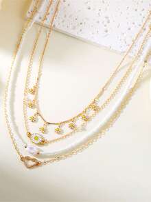 4件套新款时尚多层可叠戴奢华雏菊和仿珍珠项链套装，适合度假、派对、节日礼物 - 彩色 - 查看 3