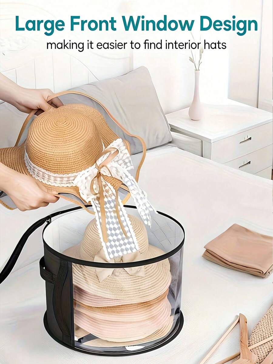 1pc Large Foldable Hat Storage Box, Suitable For Hats, Clothes And Accessories Storage, With Reinforced Handle, Fits Baseball Caps, Sun Hats, Beach Hats And Garments, Lightweight With Transparent Window And Double Zipper Design - Multicolor - View 1