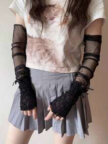 1pair Y2k Ballet Style Lace Tie-Up Sleeves Jk Arm Warmers Summer - trắng - Xem 2