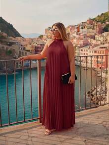 Astrid Plus Size Women Pleated Loose Sleeveless Dress Elegant Summer - Burgundy - View 2