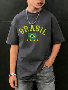 青少年男童印花短袖T恤，学生休闲夏季上衣 - 深灰色 - 查看 3