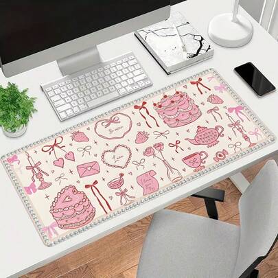 1pc Pink Dessert Large Gaming Mouse Pad, Valentine Doodle Extended Desk Mat,Office Desk Accessories Non-Slip Stitched Edge Computer Mat ,Rubber Base Laptop Keyboard Pad For Home Office & Gamer,Durable And Spill-Resistant