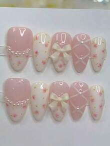 10片花朵珍珠法式美甲短杏仁形Y2K风格可爱少女蝴蝶结芭蕾舞鞋简约多用途手工假指甲，适合日常佩戴 - 彩色 - 查看 11