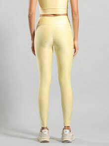 FITNATION Leggings Set With Waistband Pocket + Longline Cropped Top In Micro-Ribbed Fabric With SHINE And HIGH Elasticity And Support. - Yellow - View 3