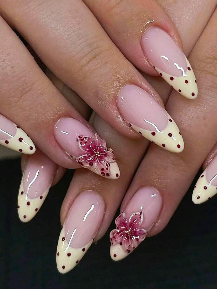 10pcs Handmade Short Almond-Shaped False Nails, French Tip Design, Nude Pink Base, Cream Yellow Nails, Red Polka Dots, White Polka Dot French Tips, Black Bow Decor, 3D Ladybug Accent, Pink 5-Petal Flowers, Cute Style, Hand-Painted 3D 5-Petal Flowers, Accented With Red Beads, Includes Manicure Tools, Easy To Apply And Remove, Premium Almond-Shaped Ladies/Girls False Nails - Baby Pink - View 1