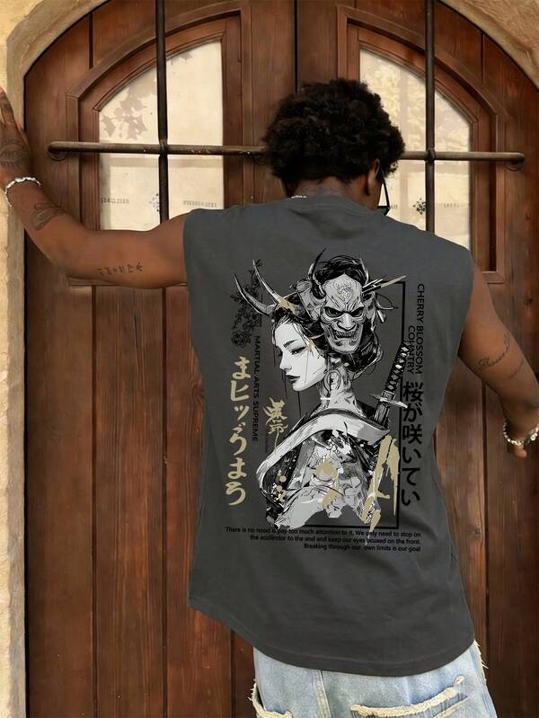  FRACTYR Męski letni, swobodny top z nadrukiem w stylu ulicznym i kreskówkowym, z luźnym krojem i bez rękawów, z okrągłym dekoltem i nadrukiem wyścigowym