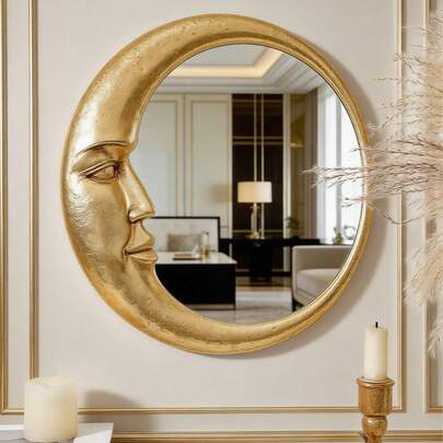 1 chiếc gương trang trí tường hình mặt trăng mạ vàng sang trọng bằng nhựa – Gương tròn trang trí thanh lịch cho phòng khách, phòng ngủ, lối vào – Tác phẩm điêu khắc nghệ thuật hiện đại với lớp hoàn thiện mạ vàng cổ điển – Trang trí nhà cửa sang trọng giúp nâng tầm không gian – Chất liệu nhựa cao cấp, dễ treo, hoàn hảo cho cả phong cách thiết kế nội thất hiện đại và cổ điển.