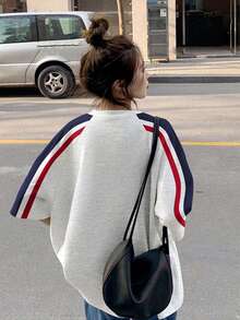 夏季美式街头风运动短袖T恤，女款，美式撞色拼接休闲字母印花上衣 - 花灰色 - 查看 2