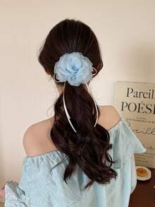 1 pieza Elegante Scrunchie de pelo con flor 3D rosa de moda para mujer, Lazo de flor de malla sofisticado y dulce para niña, Accesorio de pelo elástico con moño para coletero - Multicolor - Ver 8