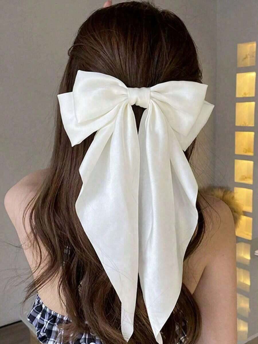 1pc White Satin Bow Hair Clip, Large Bowknot Hair Accessory For Women, Silky Satin Oversized Hair Bow Clip, Extra Large Long Tail Bowknot Hair Clip, Hair Accessory, Christmas Gift For Women, Hair Accessories For Women, Head Accessories - 白色 - 查看 1