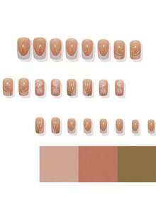 24Pcs Medium Square French Fake Nails, High-End White & Orange Ombre Floral Design Nail Art Stickers, Suitable For Party, Ball, And Daily Wear Press On Nails Nail Supplies Nails - Nhiều màu - Xem 3