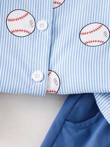 两件套幼儿男童休闲户外短袖印花衬衫+短裤套装，轻便夏季商务通勤装。 - 寶藍色 - 查看 7