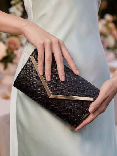 Women's Evening Bag, Black Fashionable Exquisite High-End Women's Synthetic Leather Woven Texture Evening Clutch, Elegant Snake Skin Pattern Cosmetic Bag, Portable Wallet, Shoulder Bag With Metal Chain, Suitable For Weddings, Galas, Parties