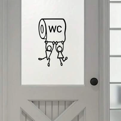 1pc Cartoon "WC" Tape Sticker - Humorous Unisex Bathroom Wall Decal, Easy To Install Bathroom Decor, Unique Home Decoration, Perfect Holiday Gift