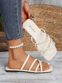 2026 Summer New Plus Size Women Sandals, European And American Flat Type Square Toe Thin Strap Sexy Casual Slippers - White - View 4