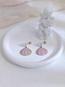 1 Pair Women's Faux Pearl Earrings With Striped Shell Pendant, Minimalist Elegant Suitable For Teenage Girls, Colorful Oil Drop Stainless Steel Earrings, Ocean Beach Design Exaggerated Earrings Suitable For Daily Wear, Beach Vacation And Parties, Retro Casual Bohemian Style Fashion Accessories, Unique Stainless Steel Ladies Earrings That Won't Cause Allergies - Gold - View 10