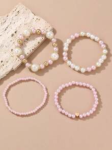 4pcs Set Women Elegant Faux Pearl Beaded Bracelets Combination Fashion Party Accessories - 粉色 - 查看 5