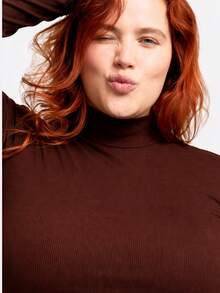 Women's Plus Size Turtleneck Long Sleeve Ribbed Winter Blouse - Coffee Brown - View 3