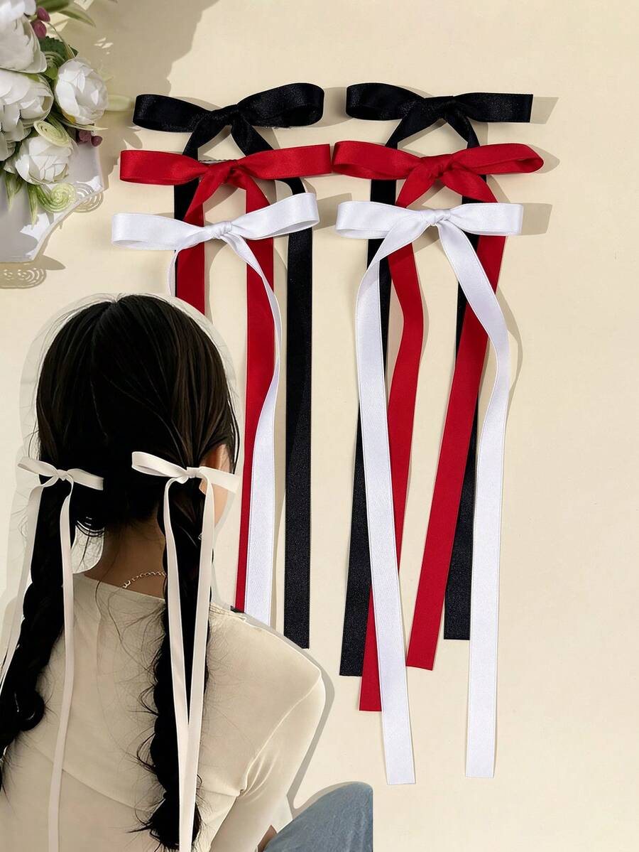 6件套母亲节女士纯色简约少女风蝴蝶结长丝带发夹，适合搭配连衣裙、外出、拍照等各种场合，是送给闺蜜的绝佳礼物。 - 黑白紅六件套 - 查看 1