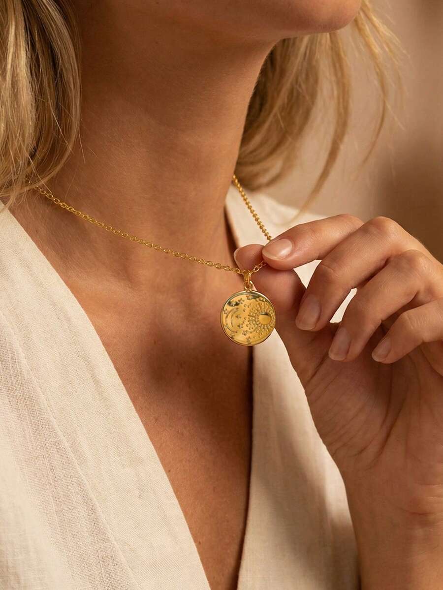 1 chiếc dây chuyền mặt dây chuyền hình trăng và mặt trời mạ vàng 18K, dây chuyền mặt tròn hình bầu trời đầy sao dành cho nữ, quà tặng cho người yêu. - Vàng - Xem 1