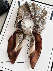 1pc 70*70cm Square Silk Scarf, Women's Satin Printed Headscarf, Neckerchief, Headband, Fashion Ladies Shawl, Scarf - Caramel Cashew Blossoms - View 3