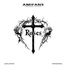 AMIFANS 哥特十字玫瑰半永久纹身贴纸，可持续1-2周，持久耐用，果汁纹身，逼真纹身，浪漫纹身，仿真纹身，防水，仿纹身效果，小众设计纹身，水果纹身，植物纹身 - 黑色 - 查看 5