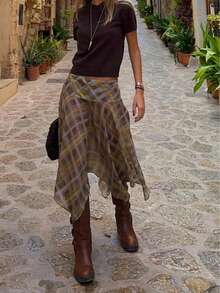 DEEKA Women's Spring/Summer Plaid A-Line Skirt, Fashionable Minimalist European And American Style - Lattice - View 6