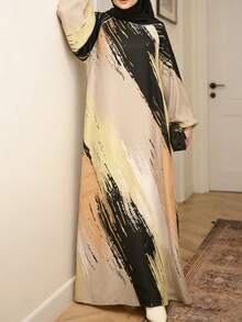 Artistic Brushstroke Print Abaya, Women Long Sleeve Robe Vacation Spring - Yellow - View 3