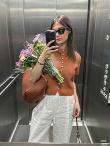 Round Neck Solid Color Pearl Button Short Sleeve Casual Versatile Knit Cardigan, Loose Fit, Suitable For Everyday Wear - Reddish Brown - View 6