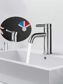 Single-Hole 304 Stainless Steel Brushed Bathroom Basin Faucet, Classic Arc Design, Ceramic Valve - Suitable For Hotels, Kitchens, And Bathrooms - Silver - View 2