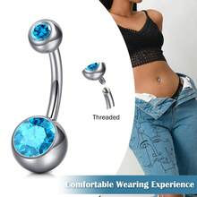 1pc Titanium Alloy Pink And Blue Cubic Zirconia Women's Belly Ring, 14G Short Belly Piercing Jewelry, Internal Threaded Belly Ring 6/8/10/12/14/16mm - Silver - View 3