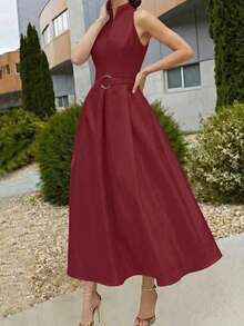 Elegant Women's Dress With A Tie Waist And A-Line Silhouette, New Spring/Summer And Fall/Summer Styles, Sleeveless With A V-Neck, Suitable For The Office Or Everyday Wear In Black. - 波爾多 - 查看 5