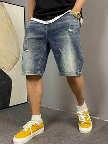 Men's Casual Washed Vintage Distressed Denim Shorts, Summer - Dark Wash - View 2